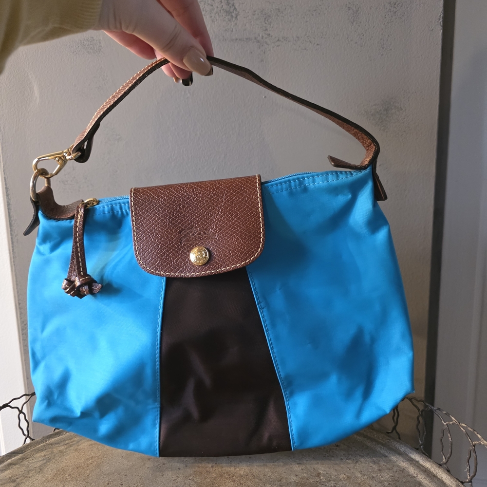 Longchamp Turqoise Blue and Brown Shoulder Bag 2000s Vintage